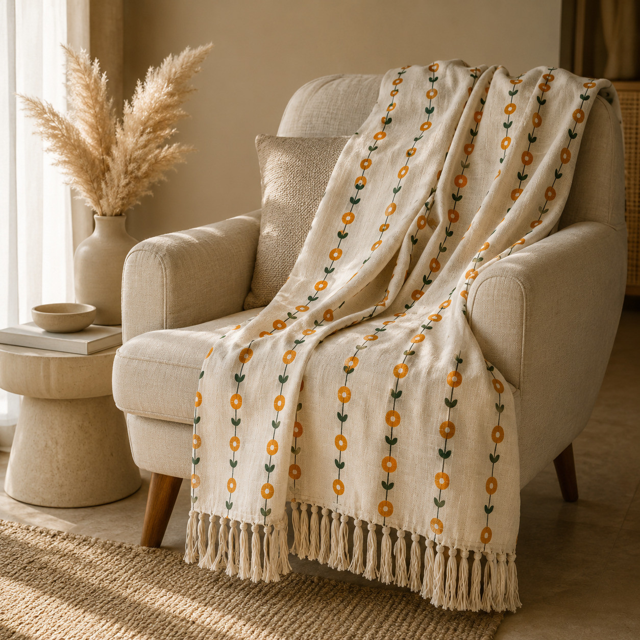 Marigold vine handblock print cotton throw draped over beige armchair with tasseled edge