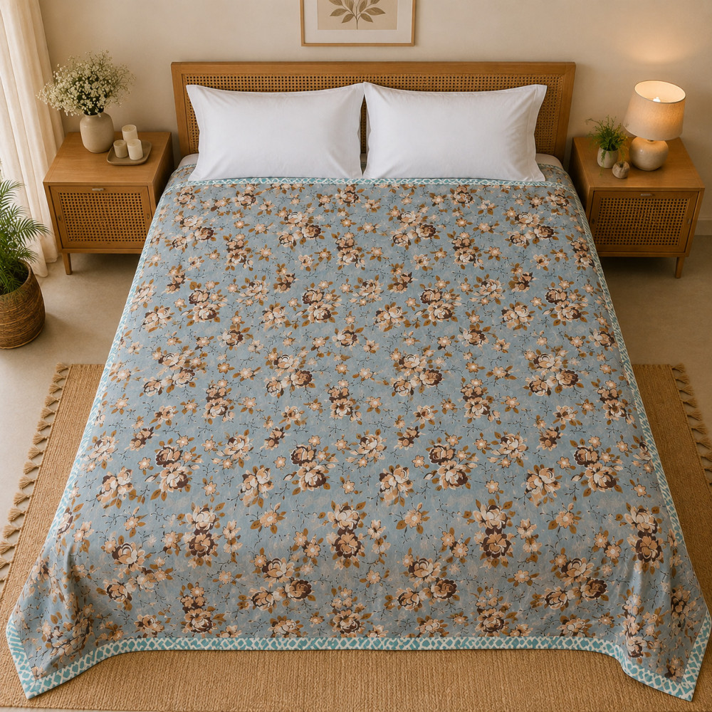 Image of Dusty Blue Floral Print Quilted Cotton Comforter – Single Bed, (50x90)