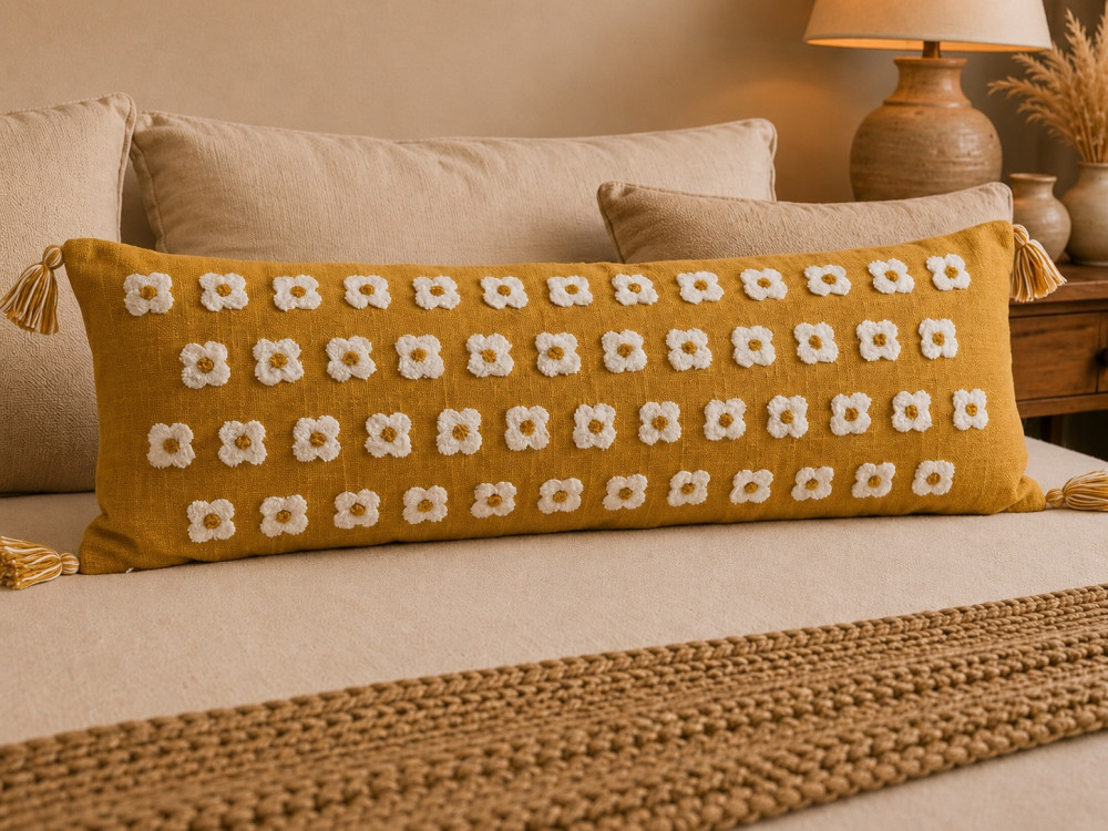 Image of Embroidered Lumbar Cushion Cover 14x36" — Boho Pillow | 3D Floral Design (Mustard Daisy)