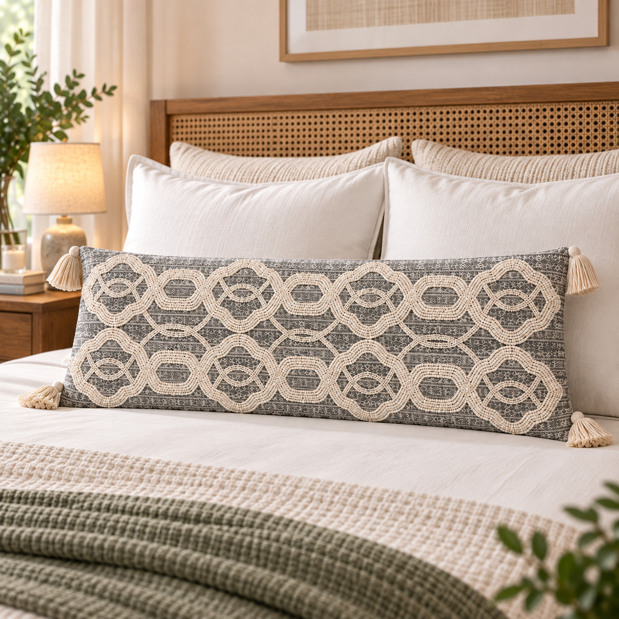 Beaded gray lumbar cushion cover styled on bed with cane headboard
