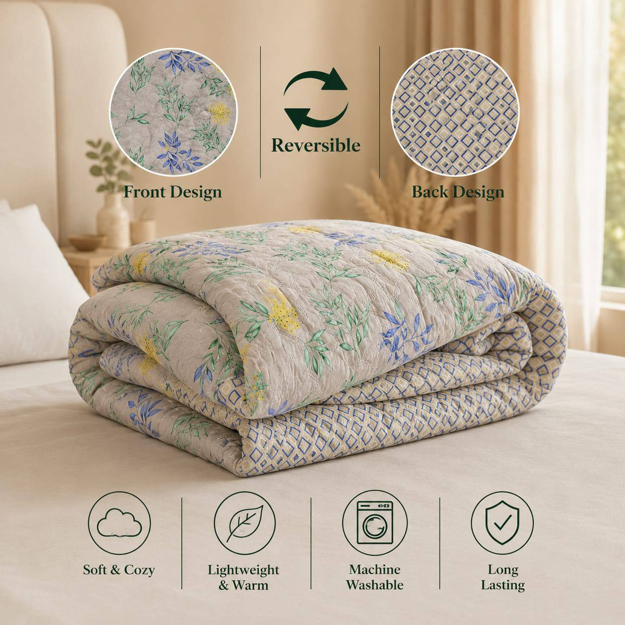 Beige botanical leaf print cotton quilted comforter folded on bed showing reversible diamond pattern back and product features
