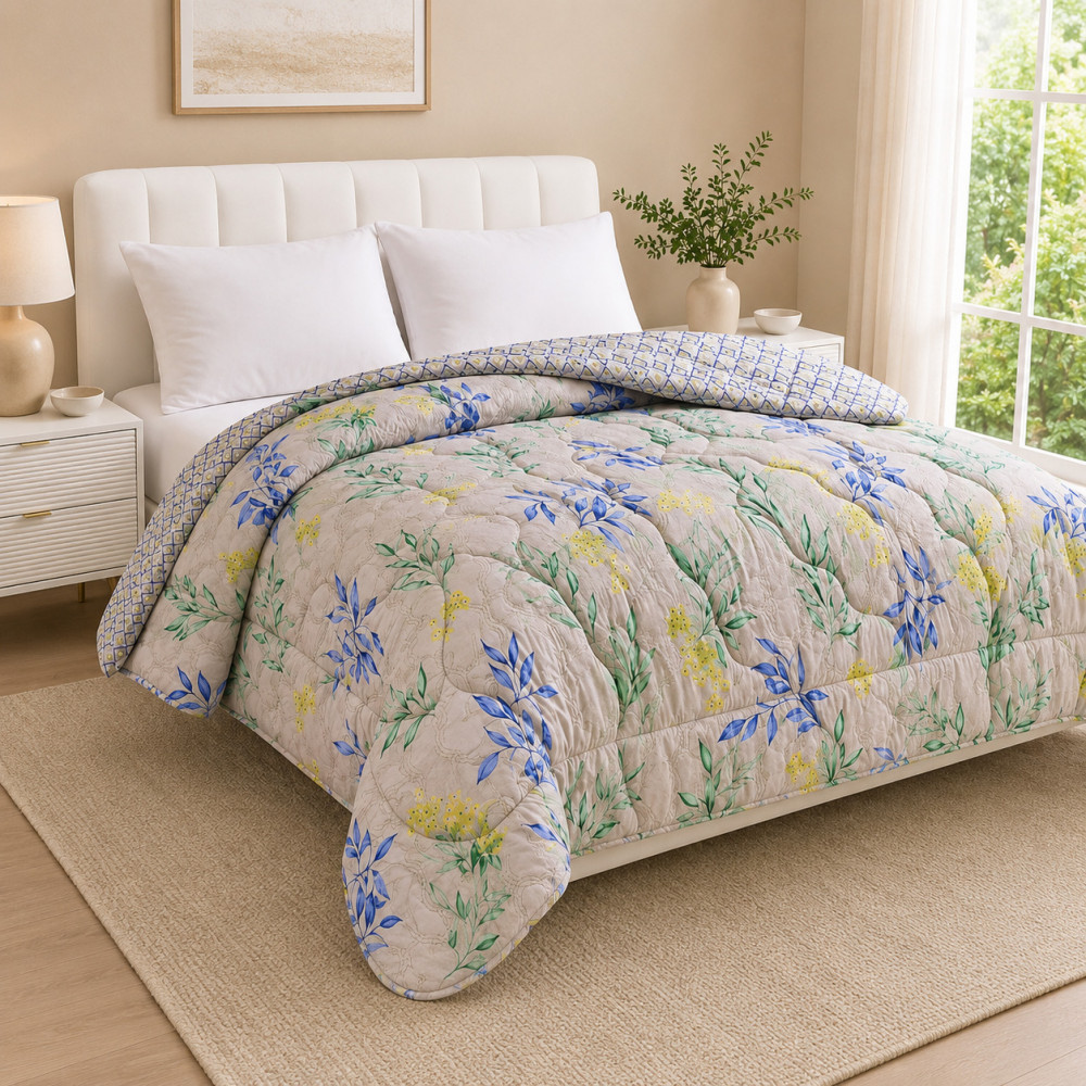 Image of Beige Botanical Leaf Print Reversible Cotton Quilted Comforter – Double Bed  (72x90")