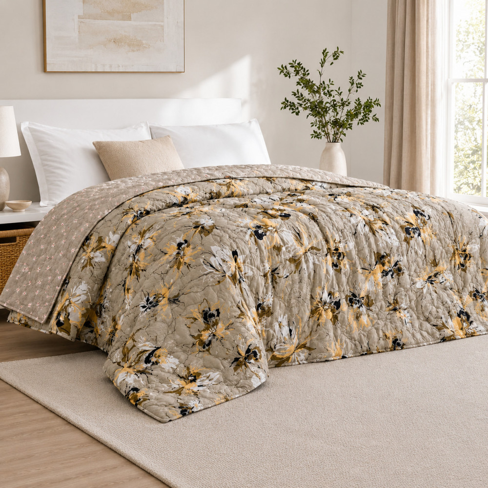 Image of Beige Floral Print Reversible Cotton Quilted Comforter – Double Bed(72x90")