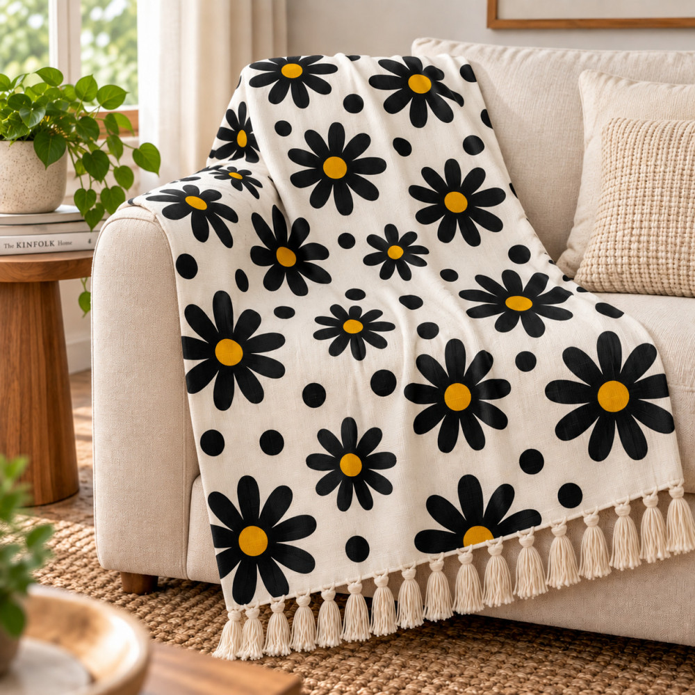 Image of Black Daisy Polka Dot Hand Block Printed Cotton Sofa Throw