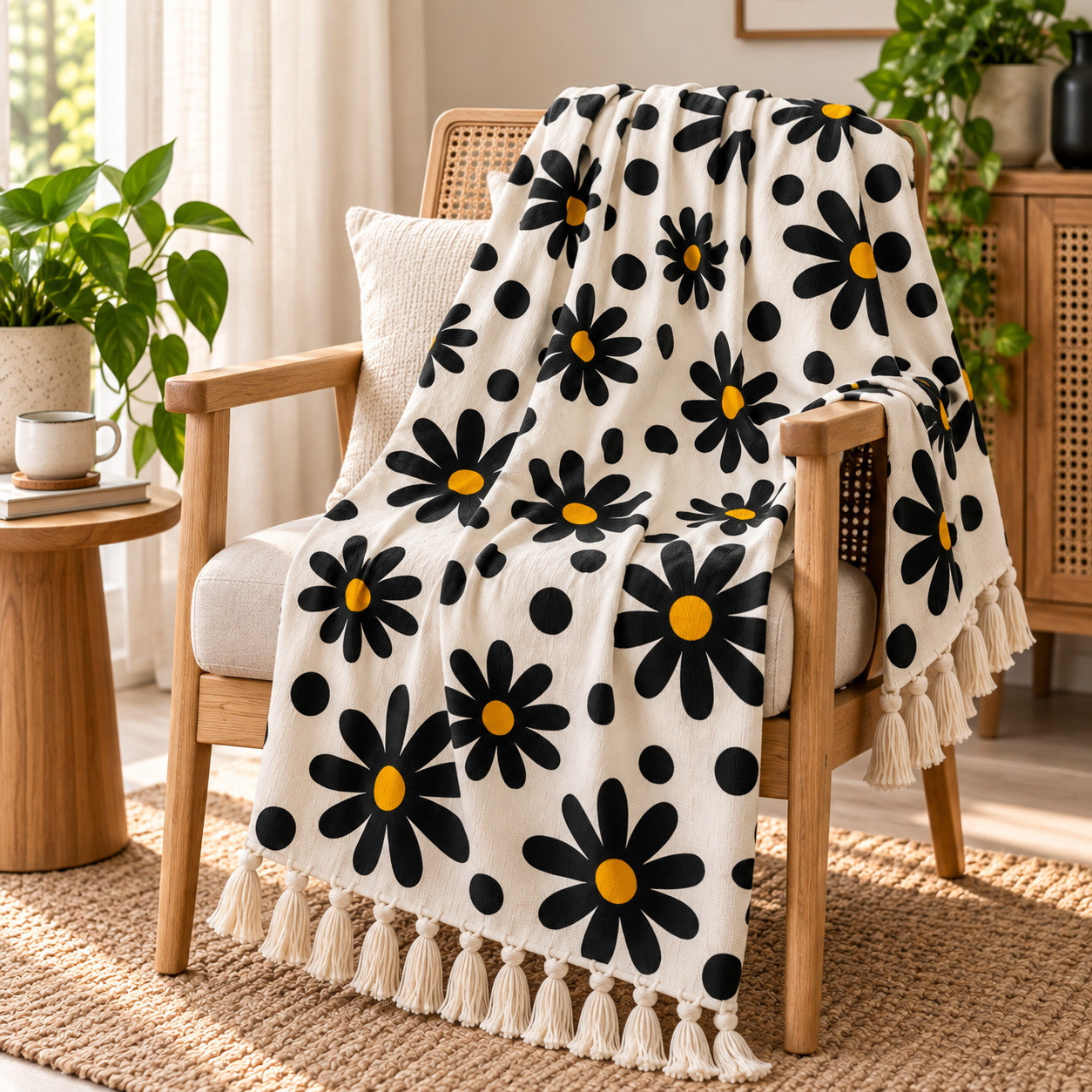 Black daisy polka dot hand block printed cotton sofa throw on wooden armchair