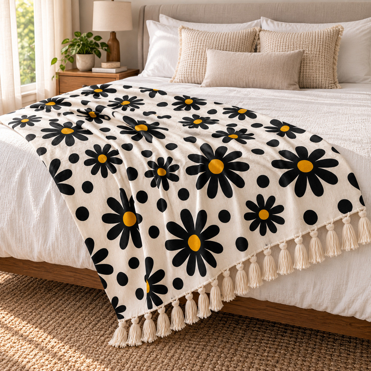 Black daisy print cotton sofa throw with polka dots draped over bed with tassel fringe