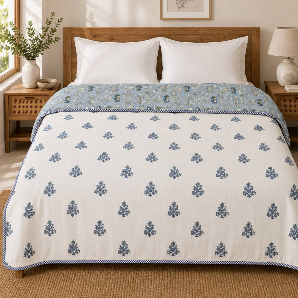 Image of Reversible Hand Block Printed Cotton Dohar – Blue Floral &amp; Royal Motif Double Bed Dohar, 90x100