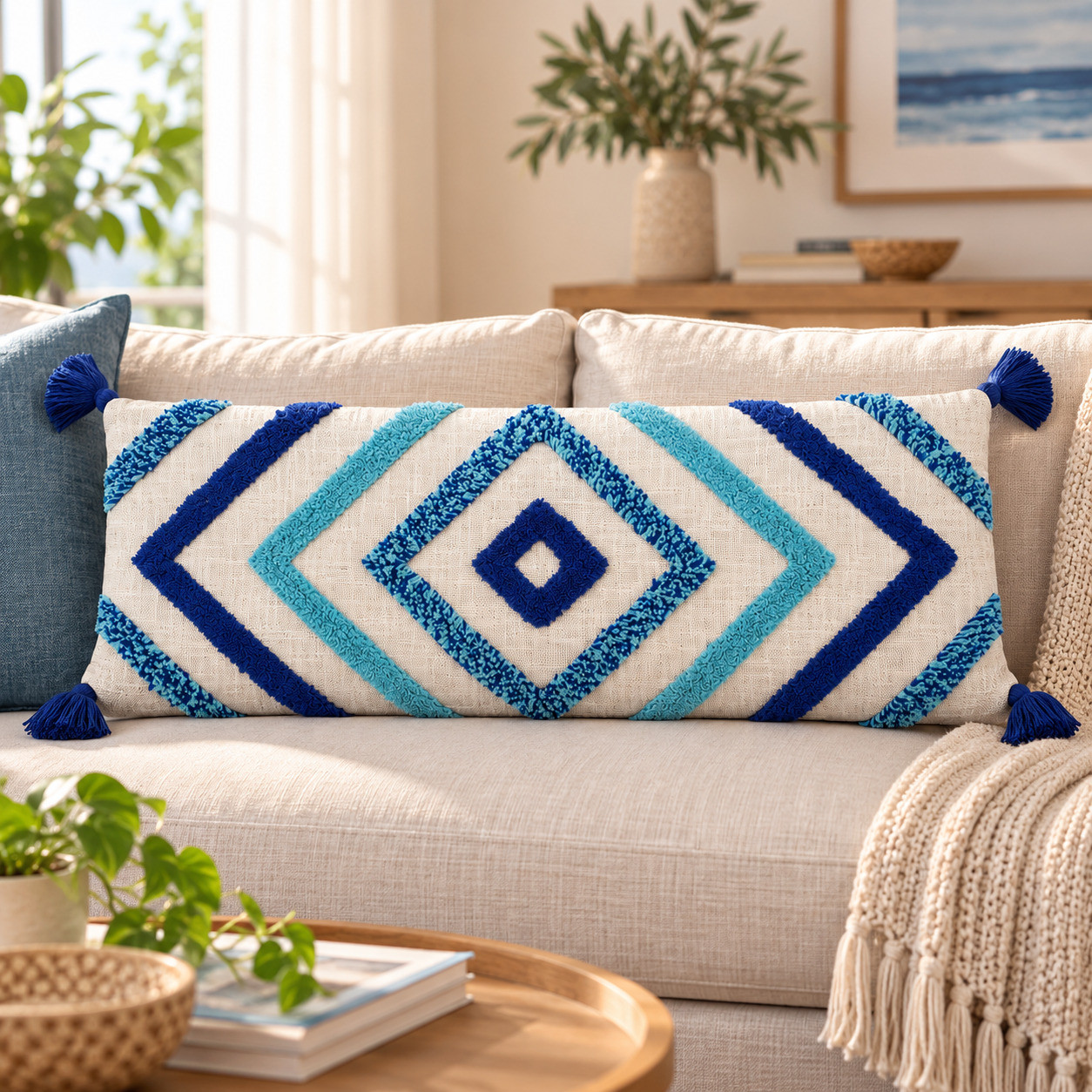 Blue and teal tufted diamond lumbar cushion cover styled on beige sofa