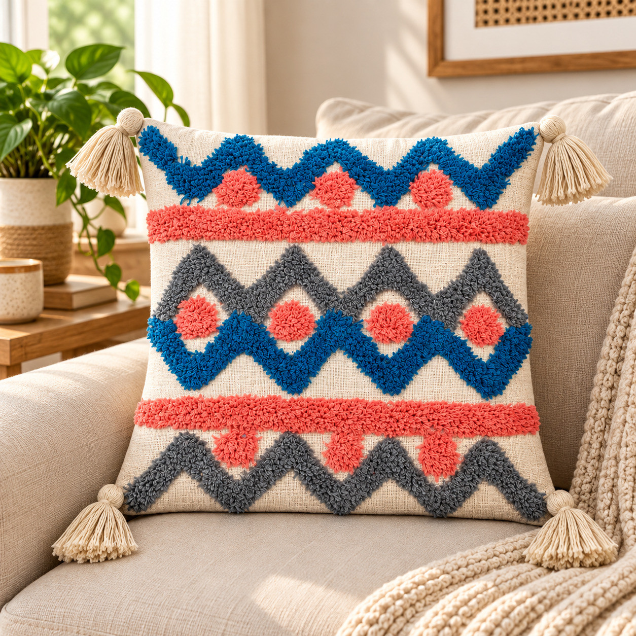 Blue coral grey tufted chevron cushion cover with tassels styled on beige sofa