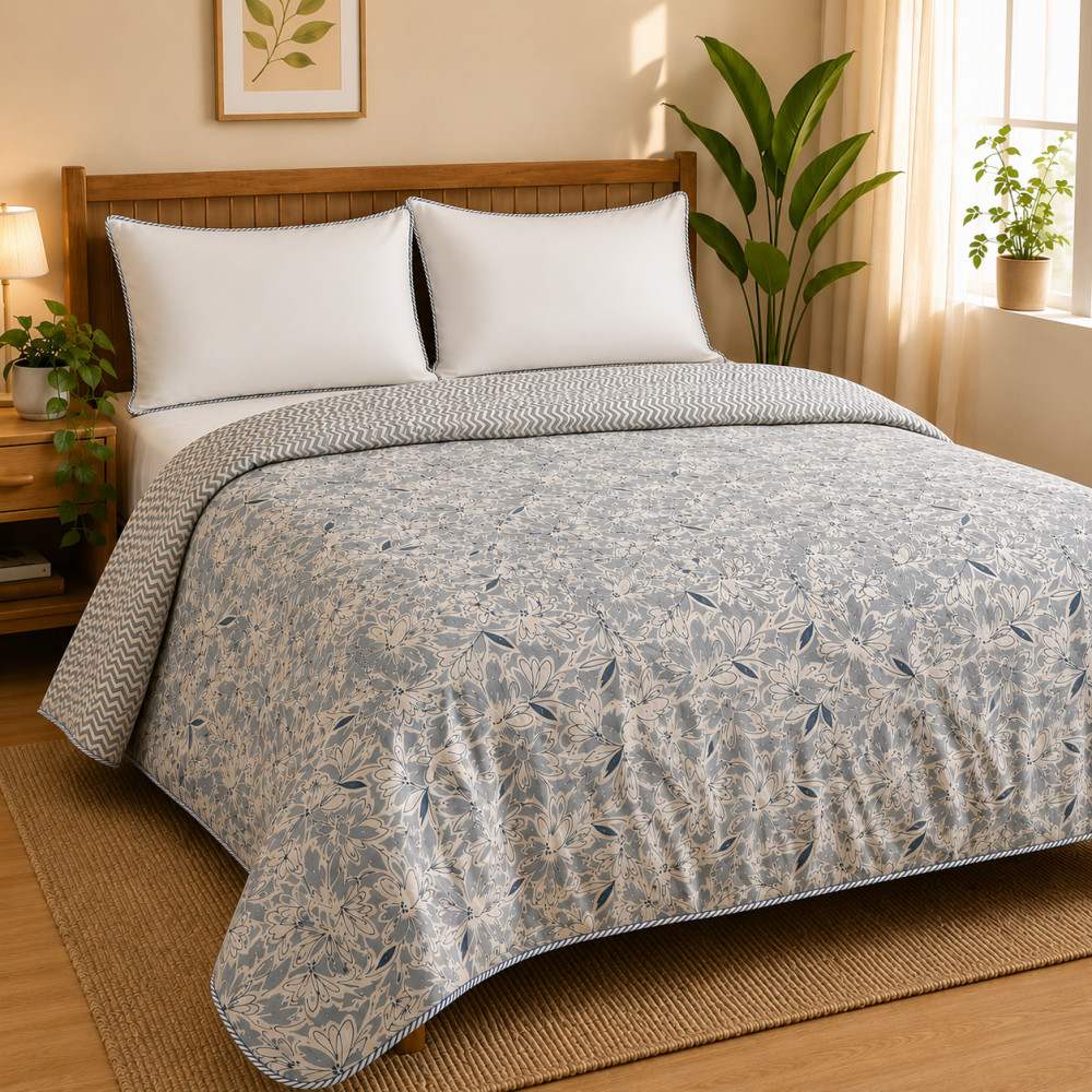 Image of Grey Floral Hand Block Printed Cotton Dohar for Double Bed (90x100)