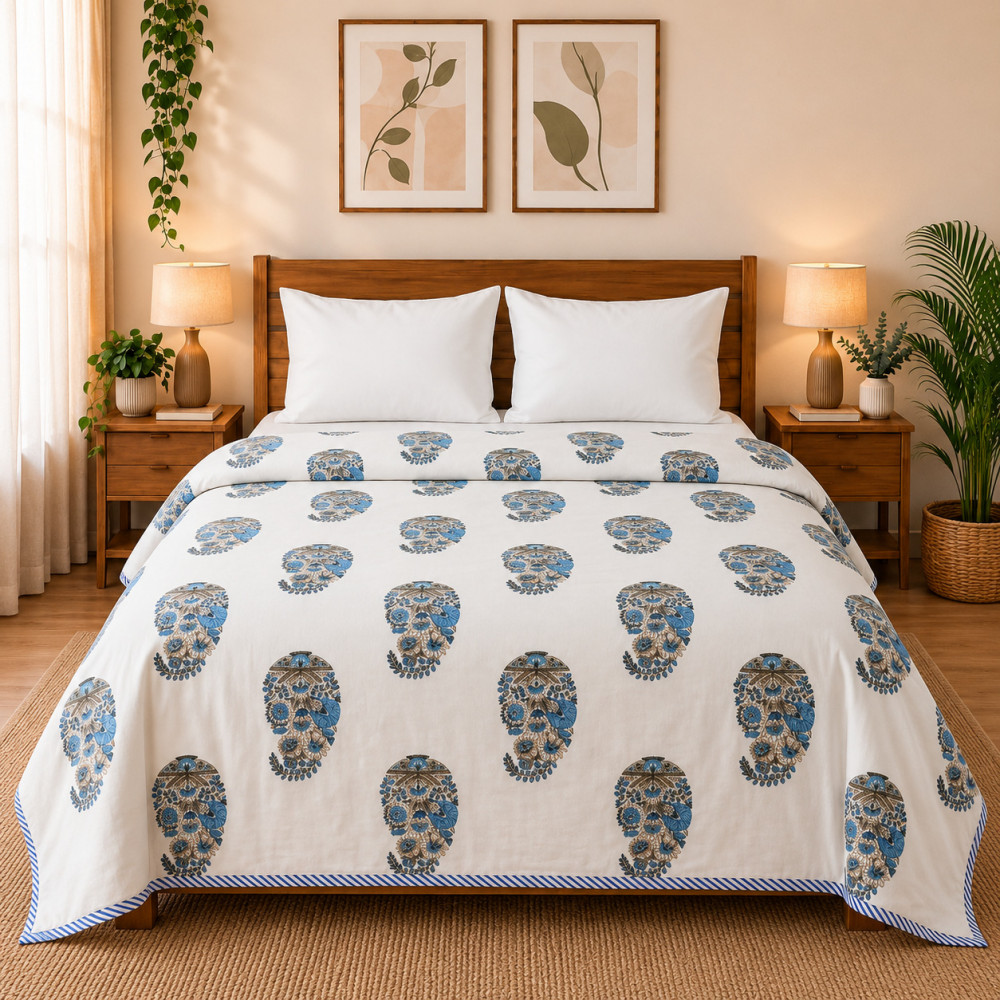 Image of Blue Paisley Hand Block Printed Cotton Dohar for Double Bed (90x100)