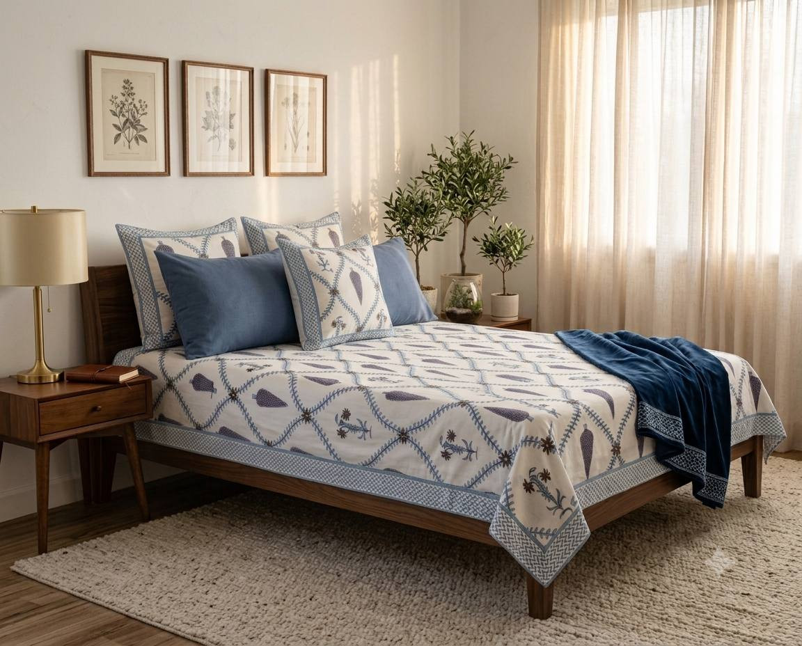 Blue Jaipuri hand block printed cotton bedsheet with matching pillow shams styled on king bed