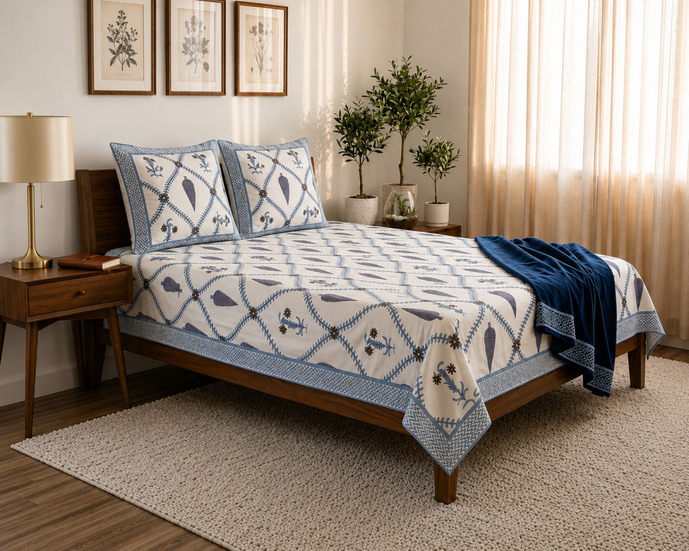 Image of Jaipuri Hand Block Printed Cotton Bedsheet with 2 Pillow Covers – Blue Trellis (108x108)