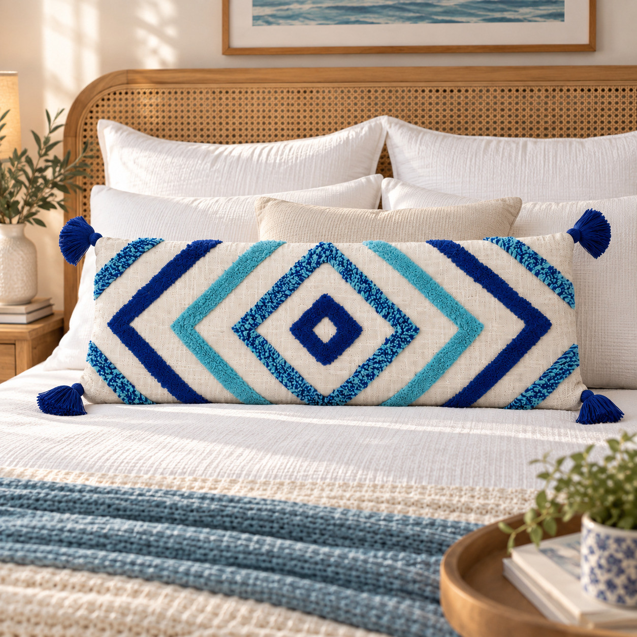 Blue tufted diamond lumbar cushion cover with tassels on bed with rattan headboard