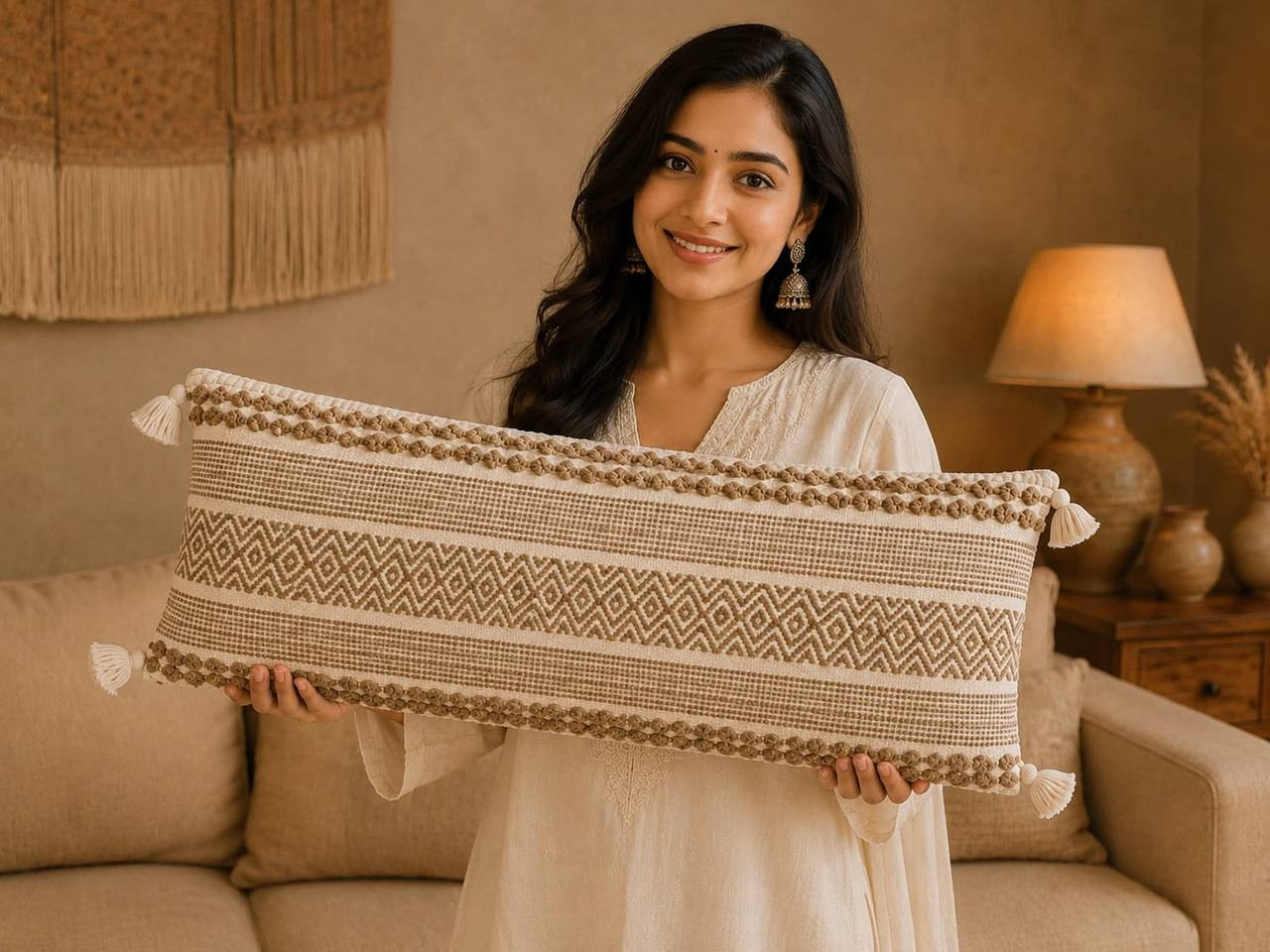 Woman holding handwoven boho diamond cushion cover with tassel corners