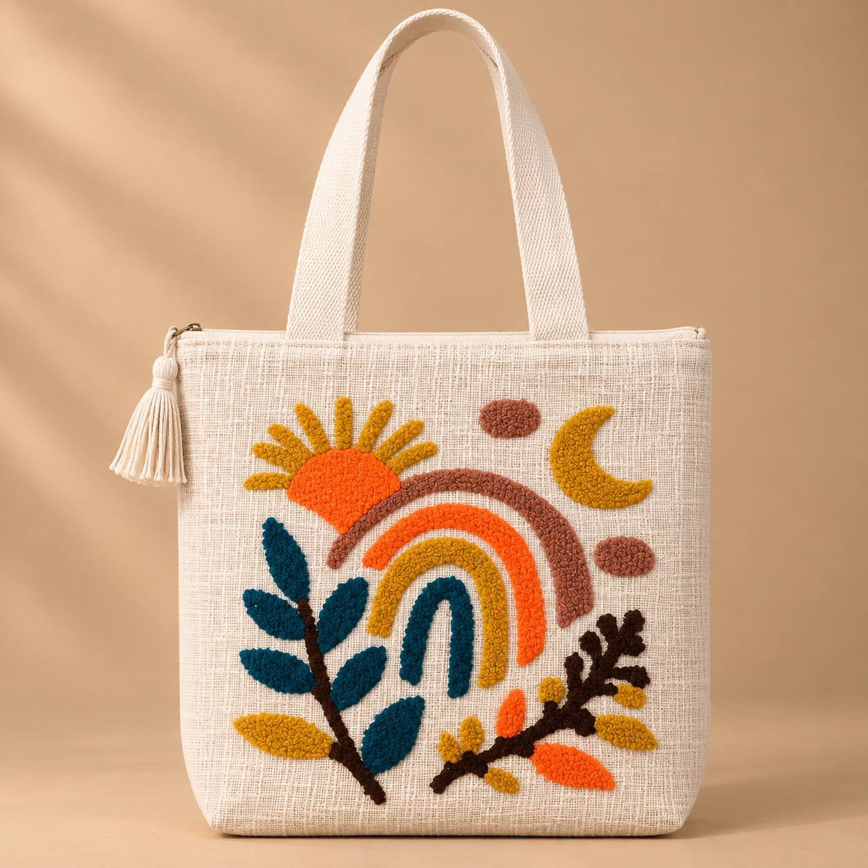 Boho sun moon rainbow embroidered canvas tote bag with tassel zipper pull on beige background
