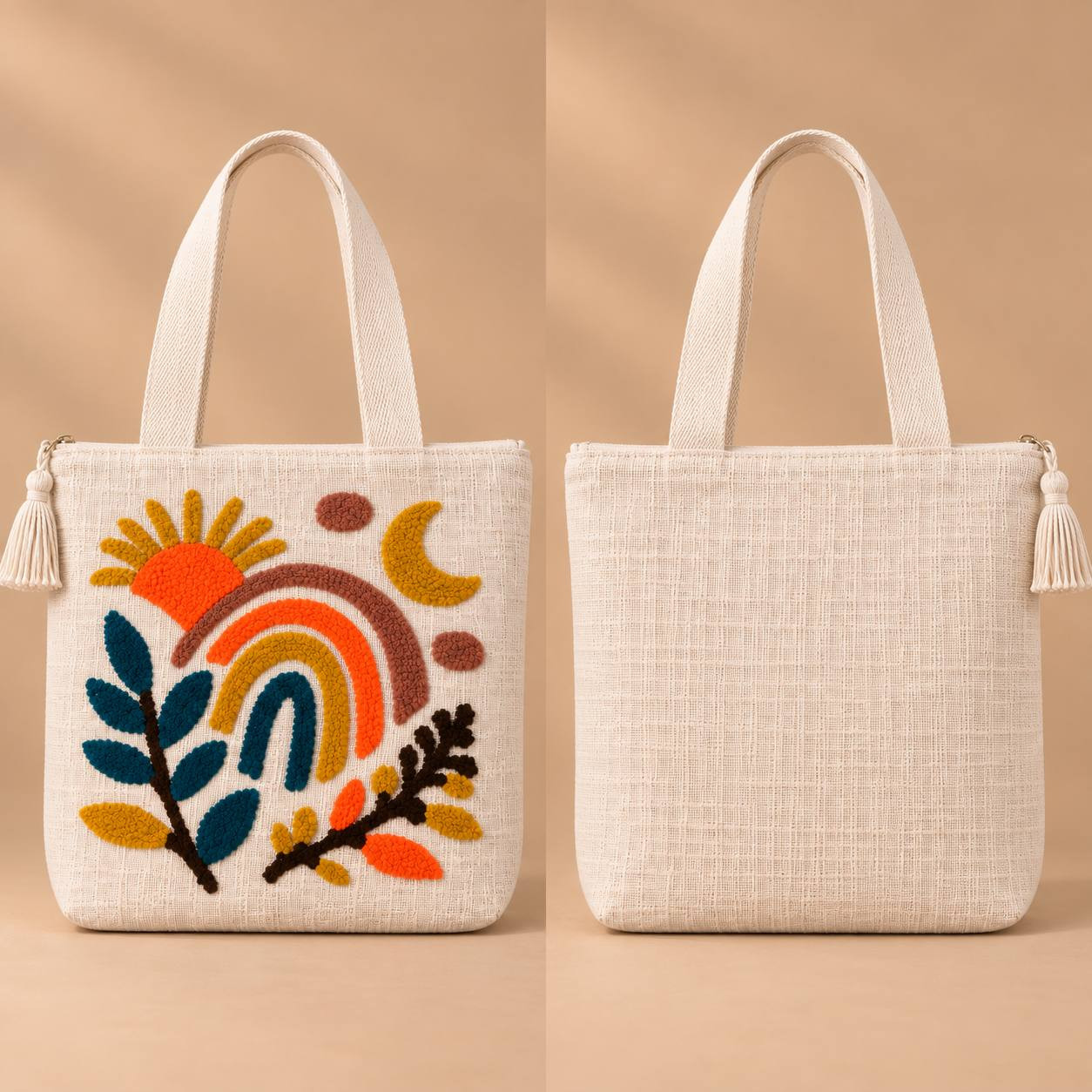 Boho sun moon rainbow embroidered tote bag front view and plain back view side by side
