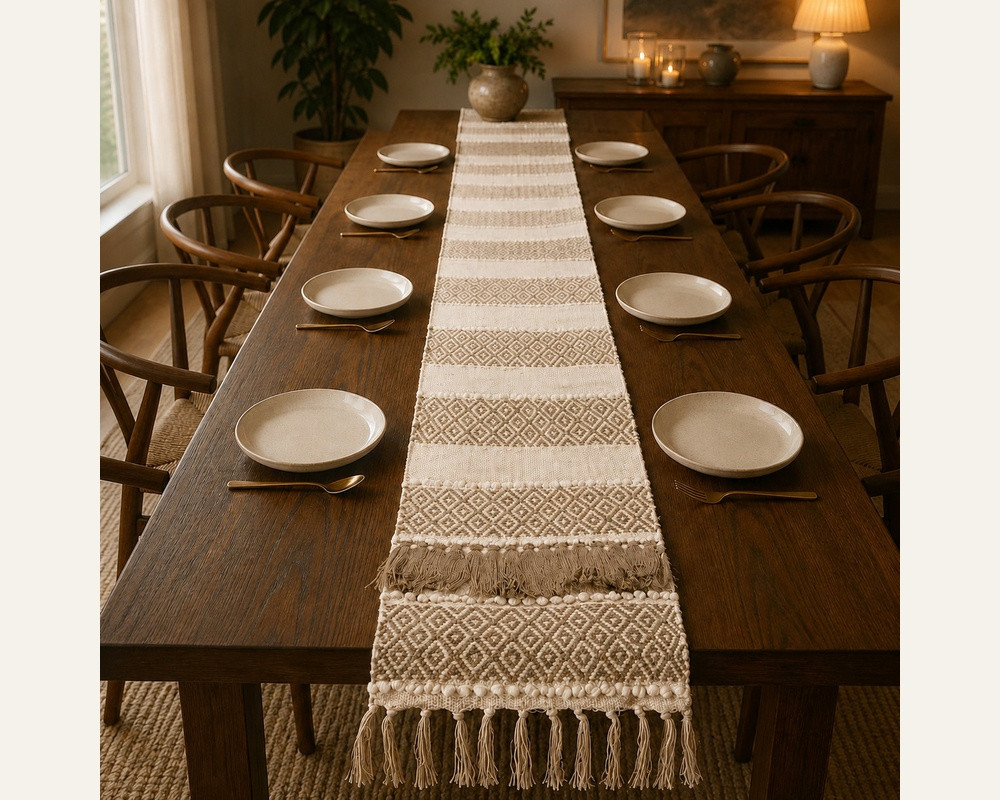 Ivory and taupe diamond weave table runner styled on long wooden dining table with place settings