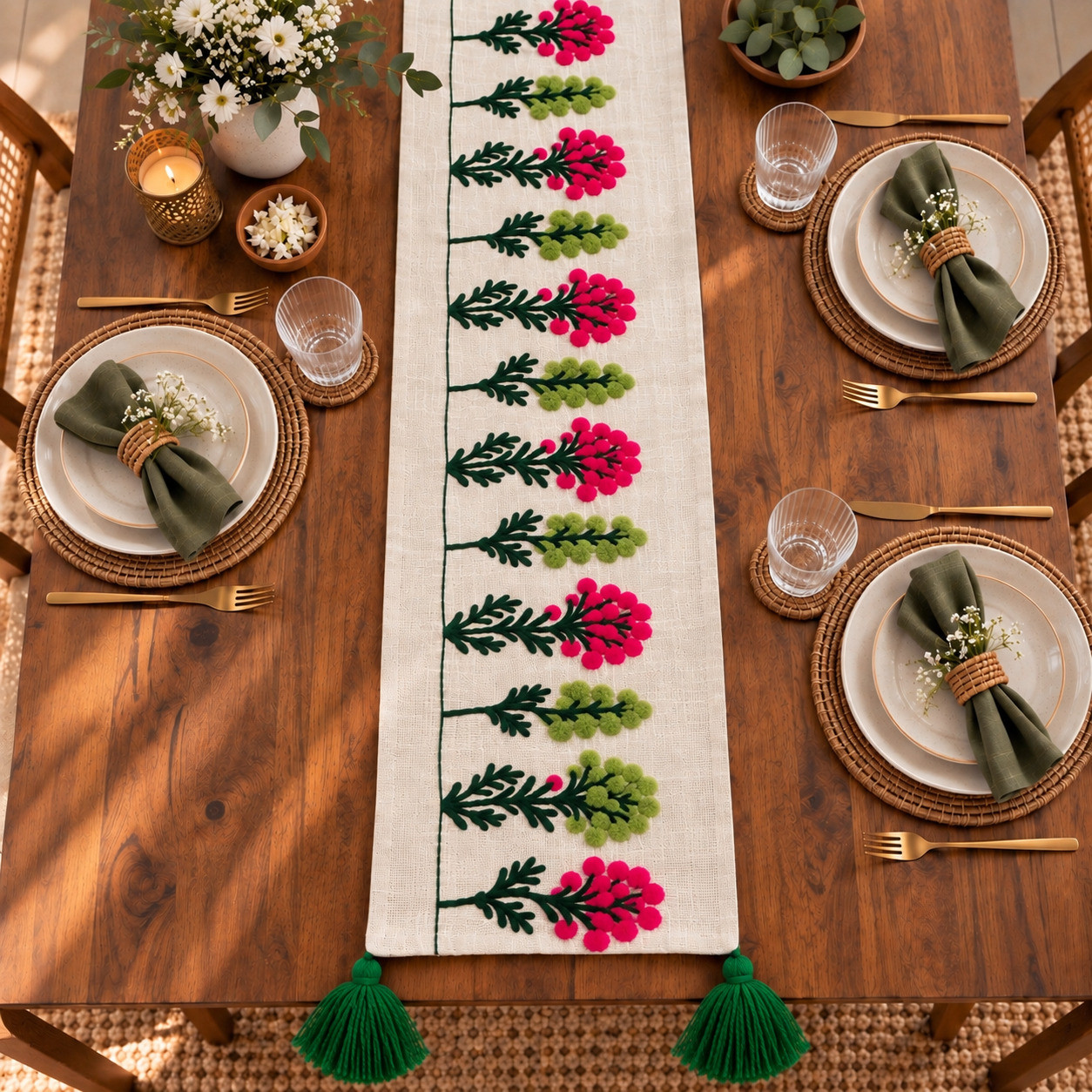 Boho Table with Floral Embroidered Runner