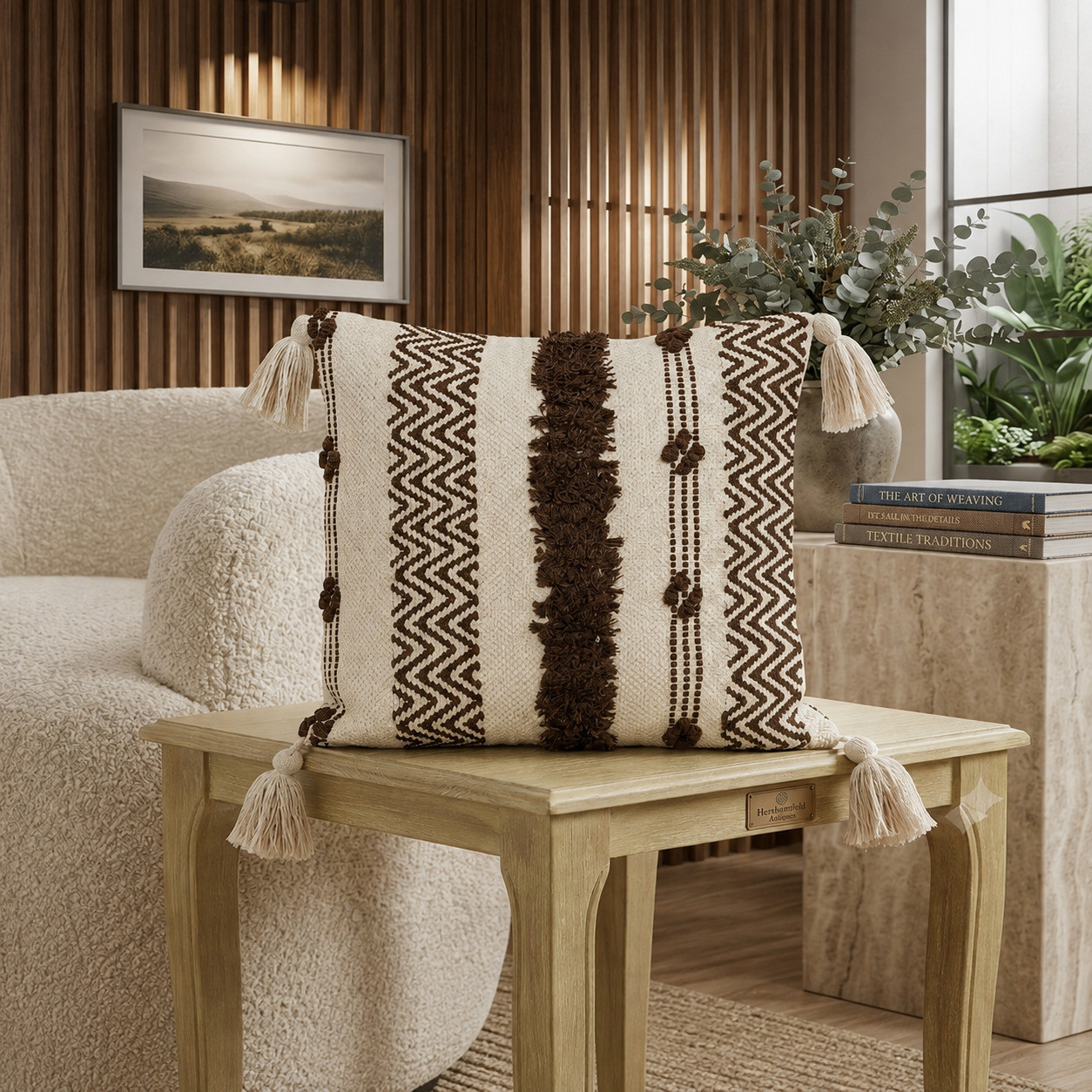 Brown chevron boho cushion cover with tassels displayed on wooden side table near books
