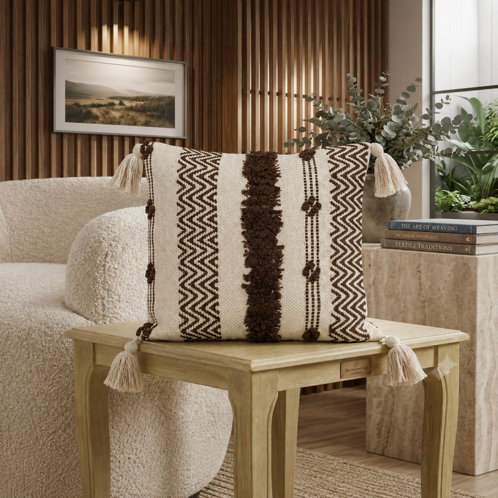Image of Brown Boho Cushion Cover with Tassels | Chevron &amp; Tufted Fringe | 16 × 16 Inch