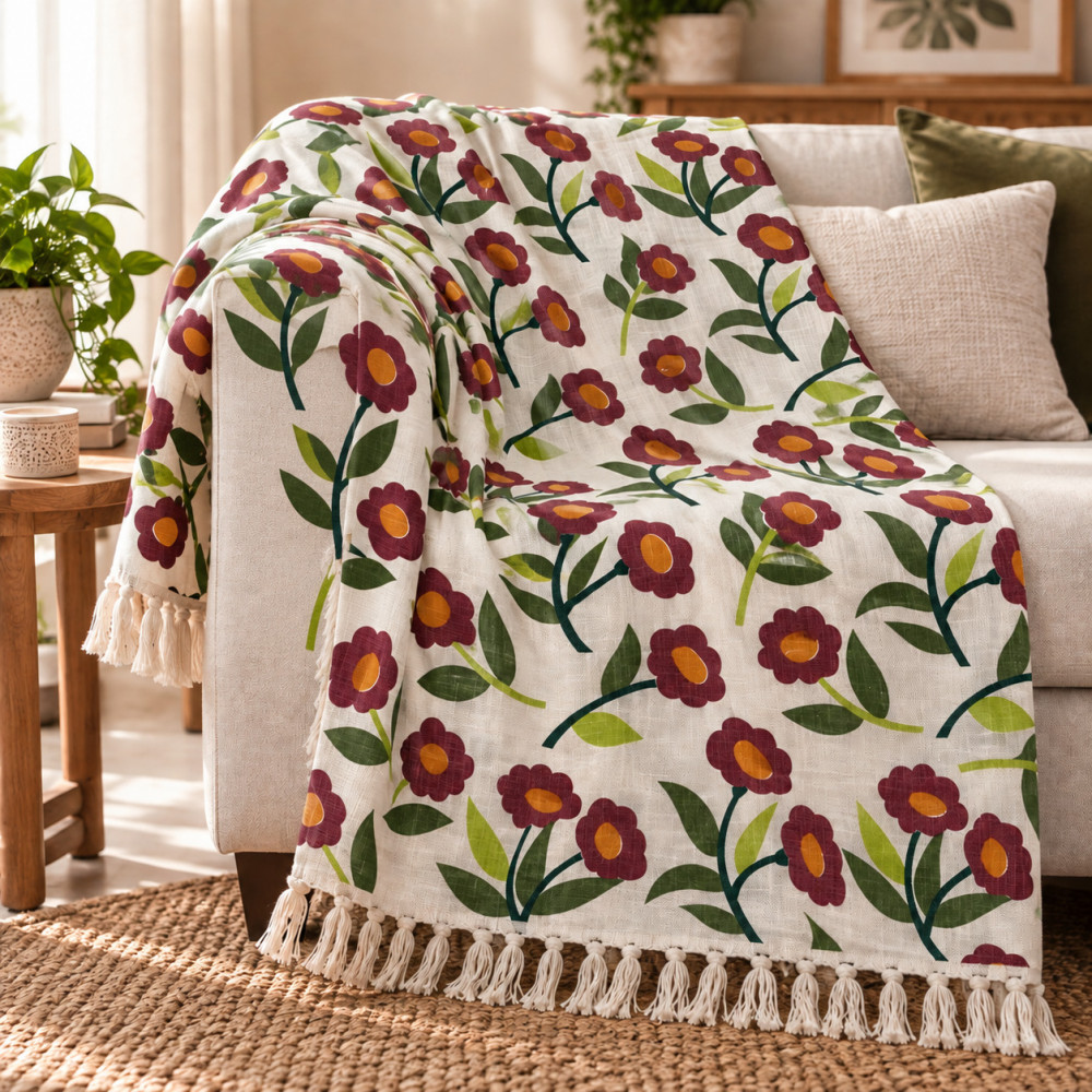 Image of Burgundy Poppy Vine Hand Block Printed Cotton Sofa Throw
