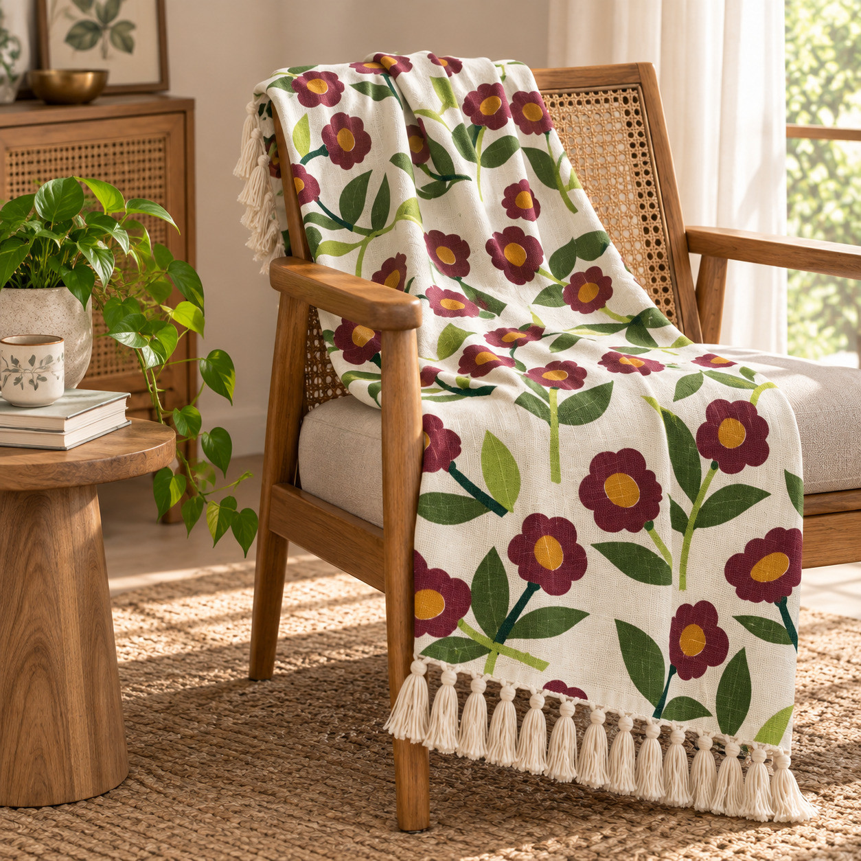 Burgundy poppy vine hand block printed cotton sofa throw draped on wooden armchair