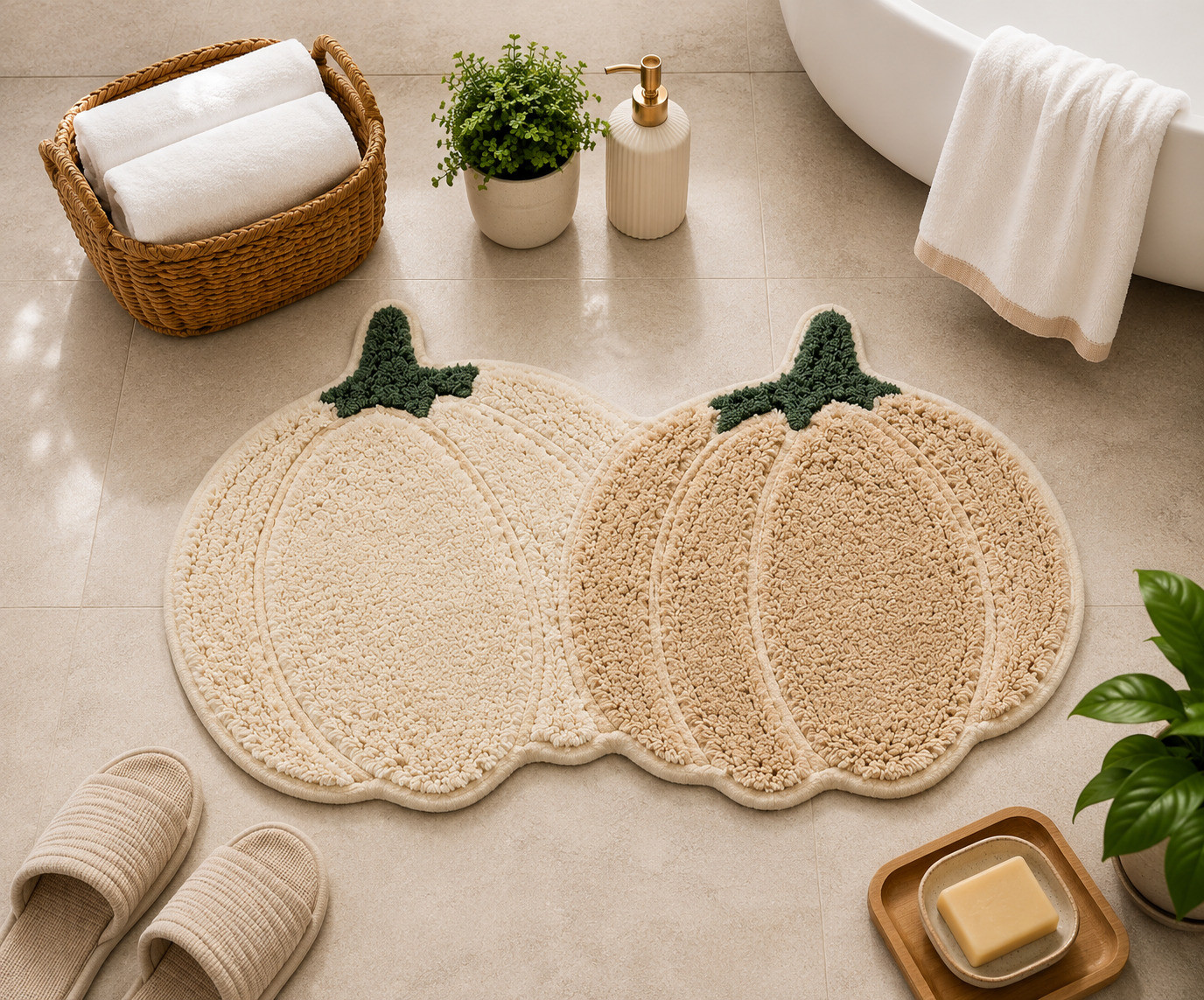 Harvest Pumpkin Cotton Bath Mat with Soft Tufted Texture and Non-Slip Backing  Cream  Beige Bathroom Rug 33x19 Inch