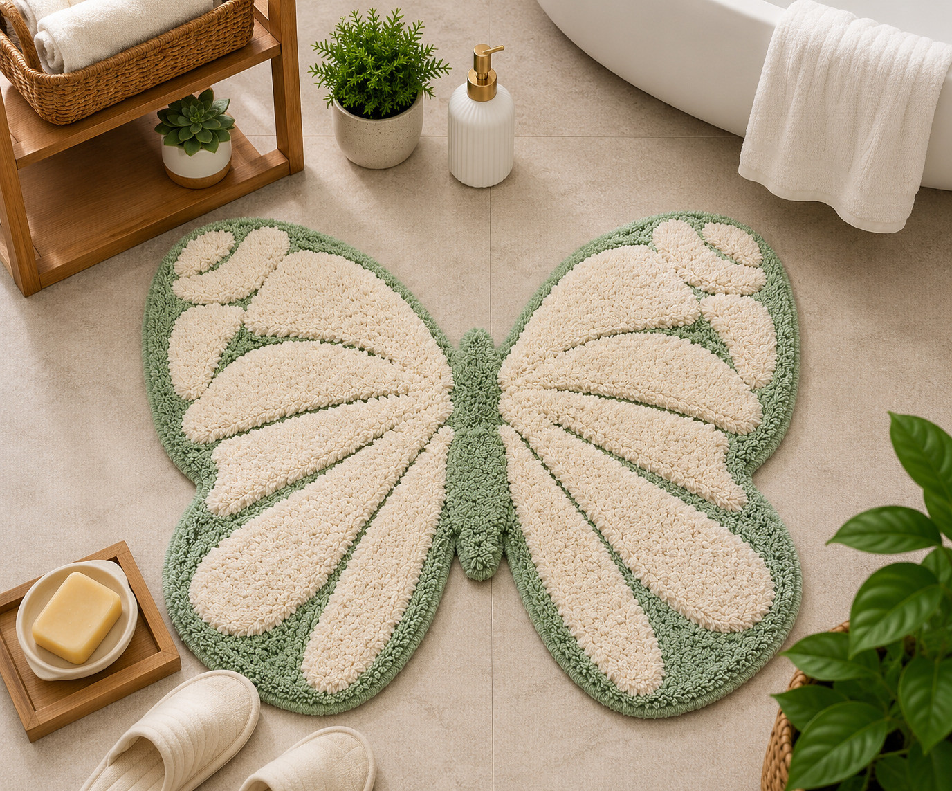 Sage green and cream tufted butterfly bathmat placed on bathroom floor near bathtub