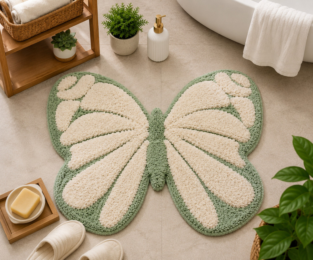 Image of Tufted Butterfly Bathmat – Sage Green &amp; Cream