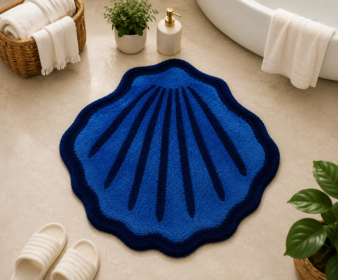 Blue and navy tufted seashell-shaped bathmat on bathroom floor near bathtub
