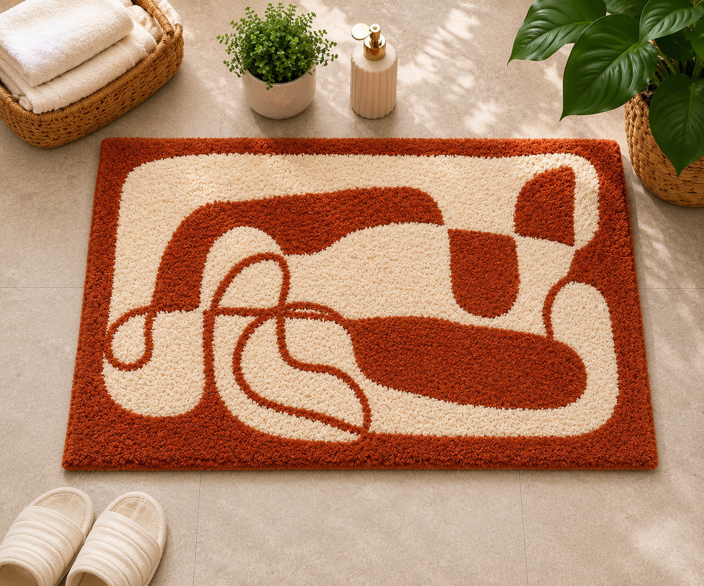 Rust and cream tufted abstract swirl bathmat on bathroom floor near towel basket