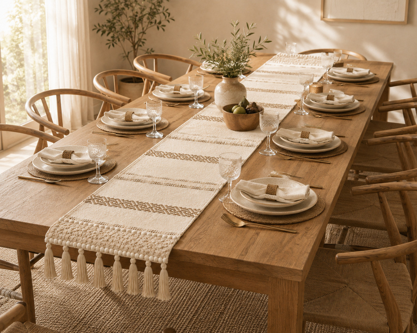Boho woven table runner with tassels styled on wooden dining table with place settings