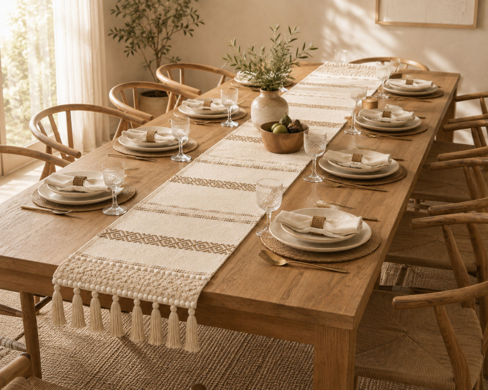 Image of Boho Woven Table Runner – Ivory &amp; Beige Tassel