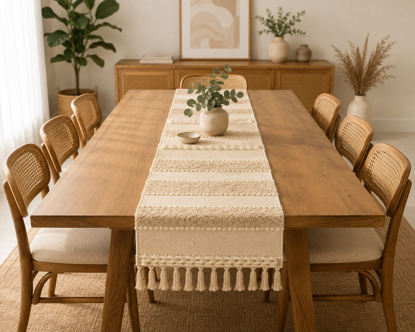 Ivory boho table runner with tassel fringe styled on long wooden dining table