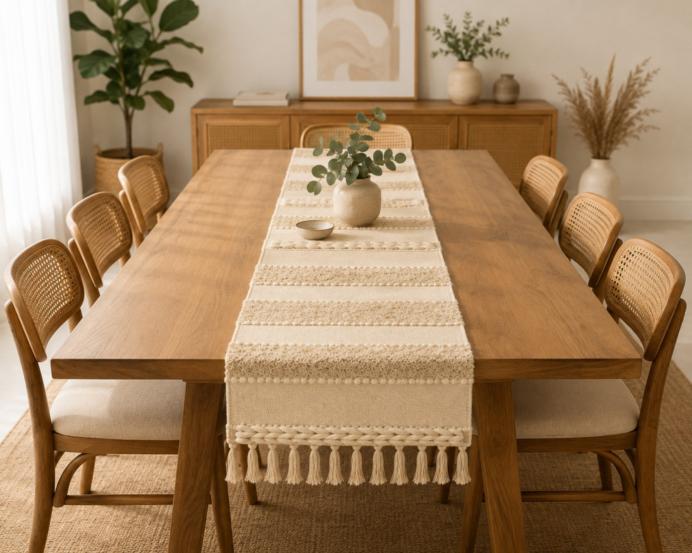 Image of Boho Braided Fringe Table Runner – Ivory