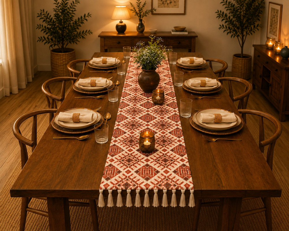 Image of Printed Diamond Motif Table Runner – Red &amp; Ivory