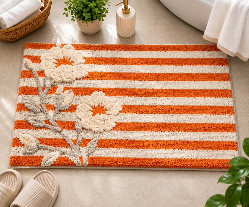 Image of Boho Floral Tufted Bath Rug 36×24 Inches | Orange &amp; White Striped Soft Bathroom Floor Mat
