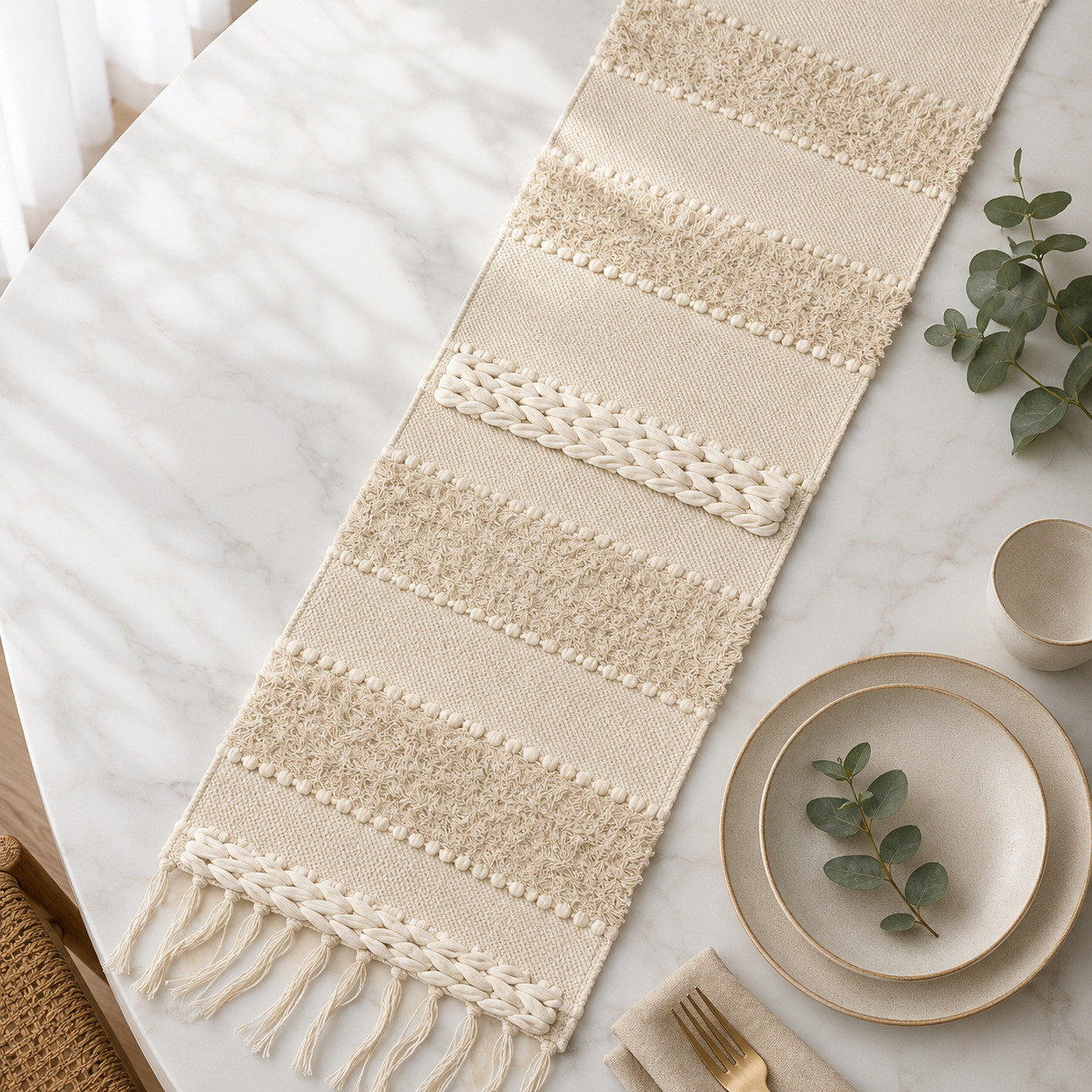 Ivory textured table runner with braided trim on marble table with ceramic dinnerware