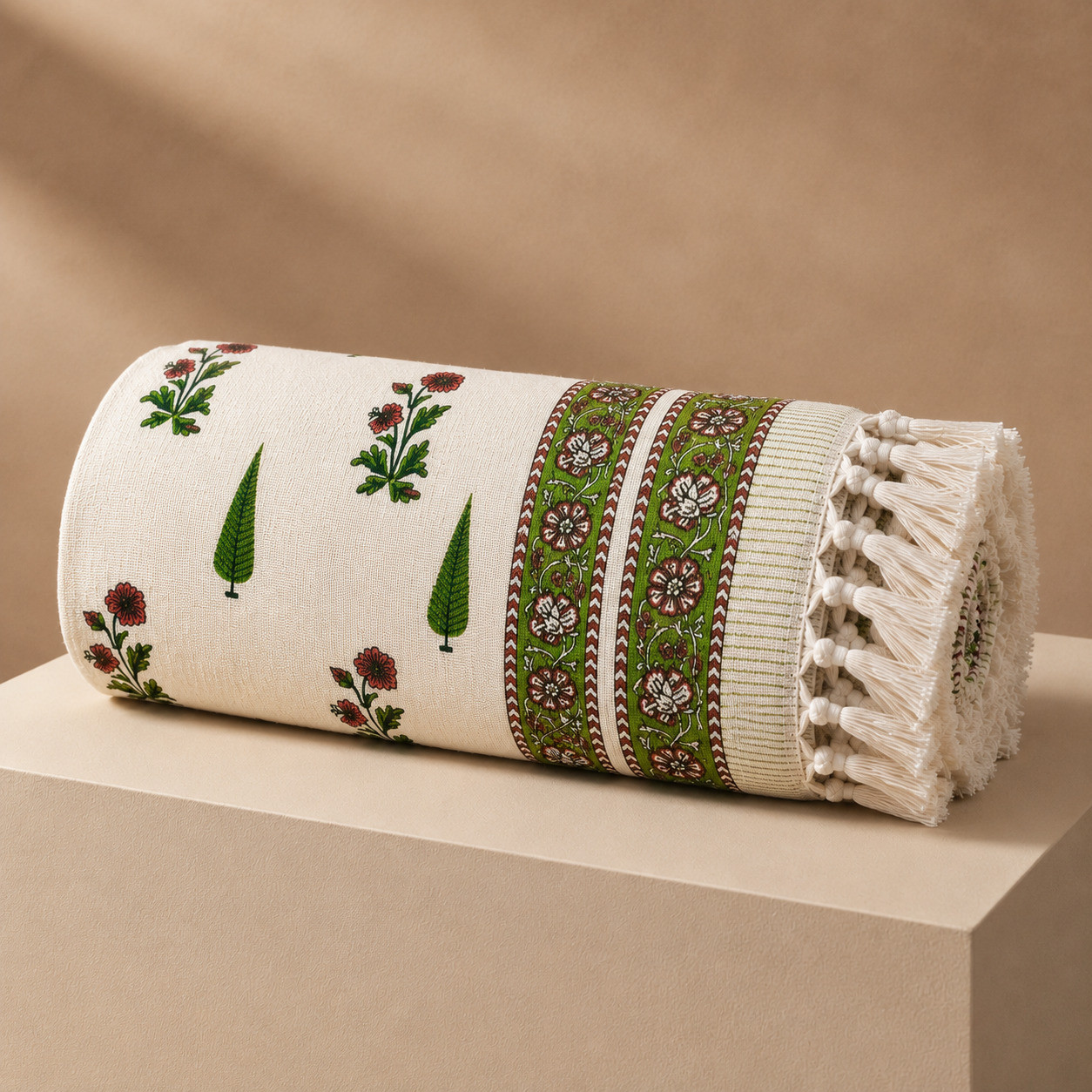 Rolled cotton throw with cypress tree and floral handblock print and tasseled edge