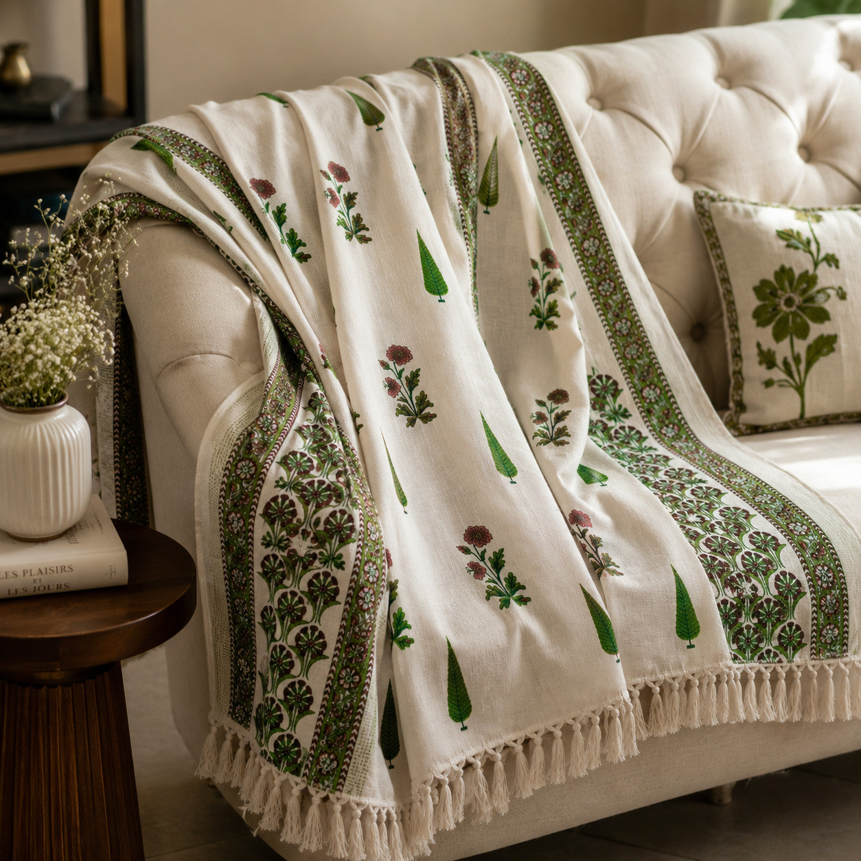 Cypress tree and floral handblock print cotton sofa throw draped over ivory tufted sofa