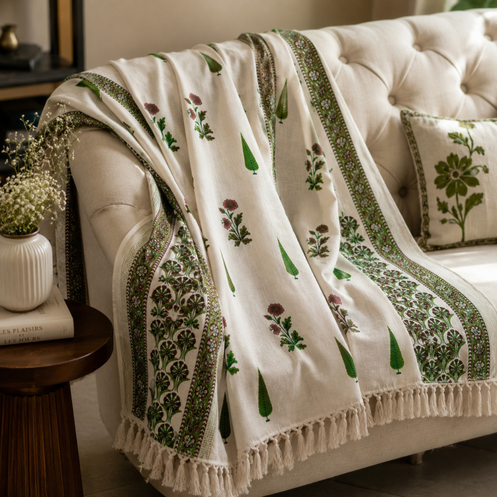 Image of Handmade Cotton Handblock Floral Cypress Print Sofa Throw
