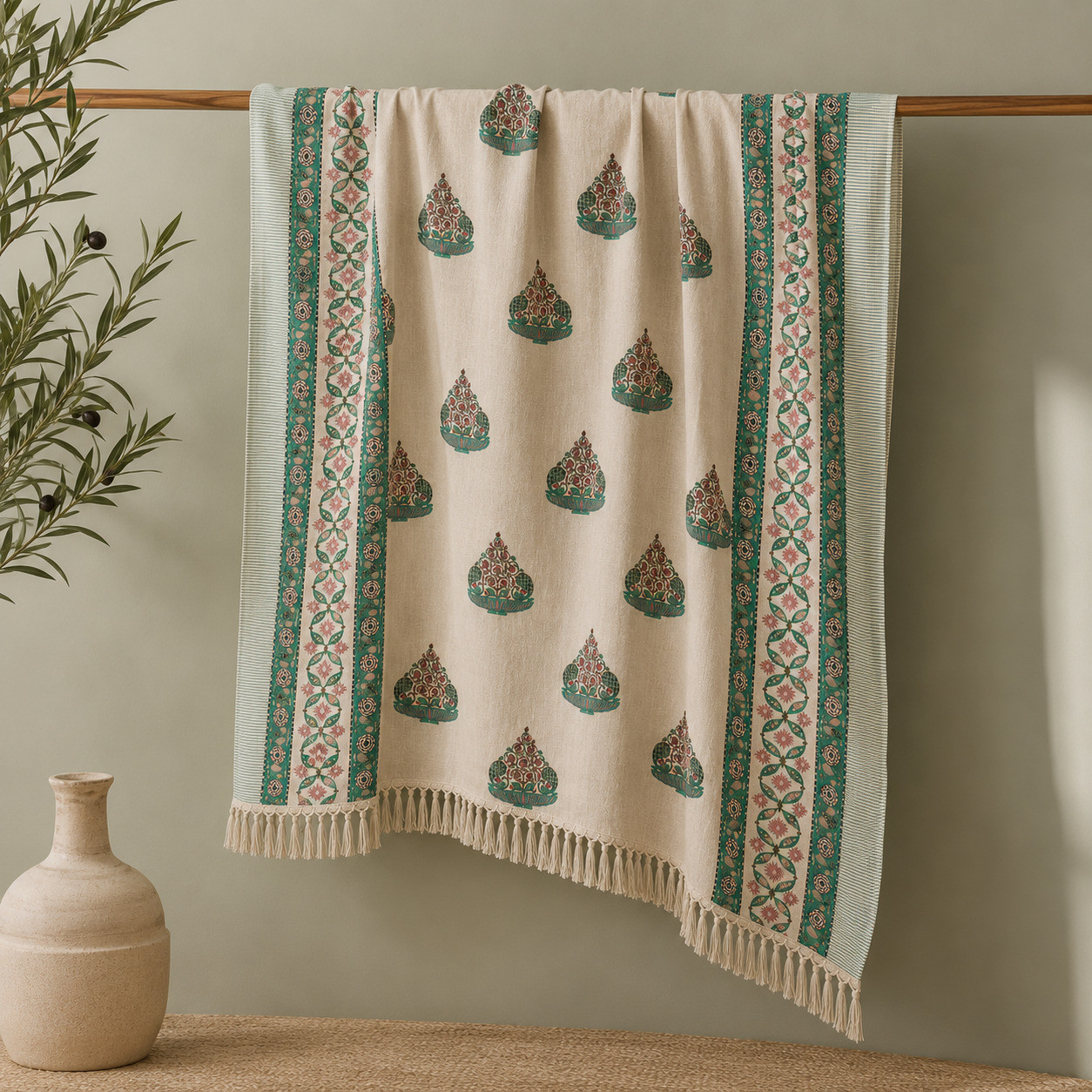 Cream cotton throw with green floral urn print hanging with fringed tassel edge