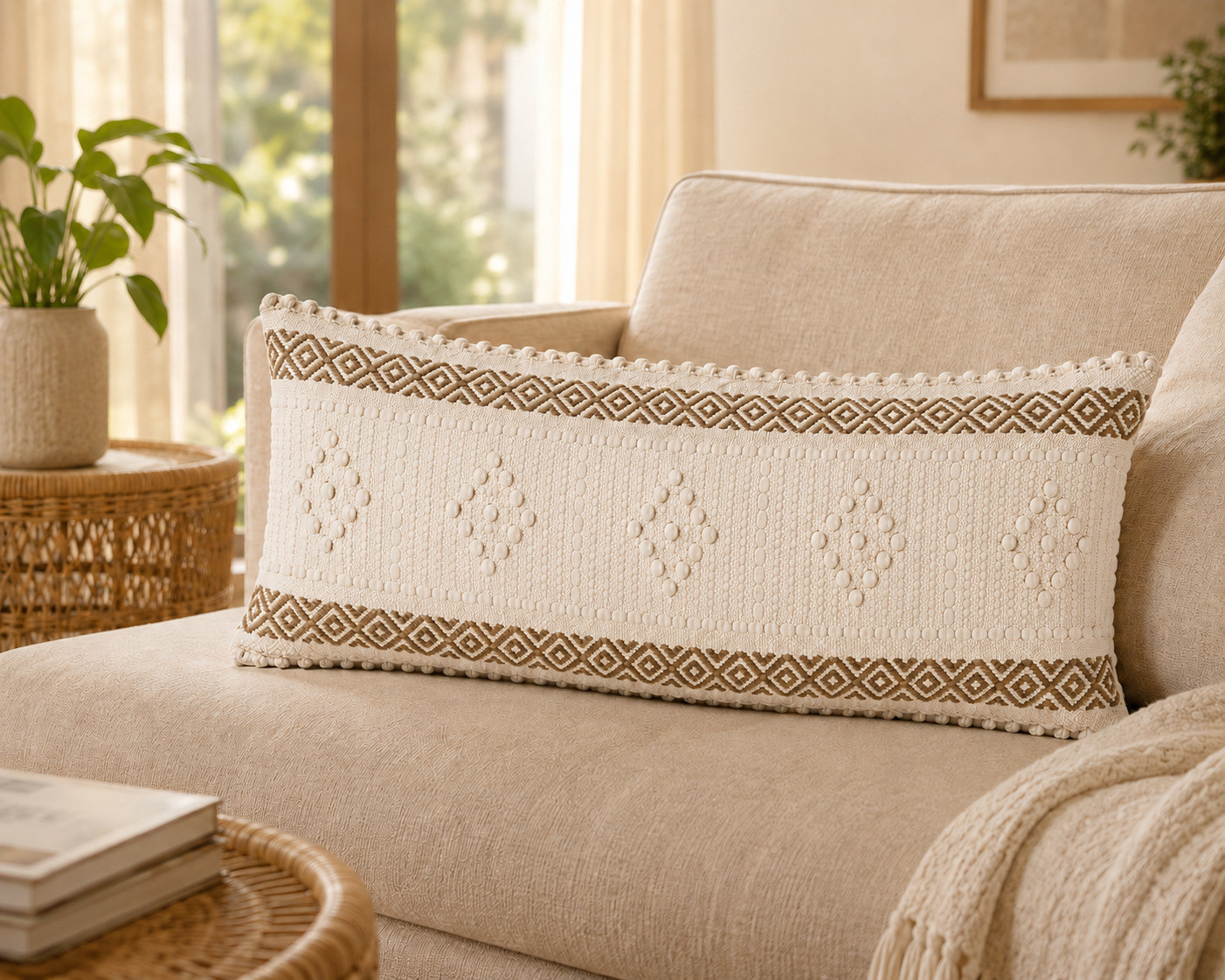 Boho diamond dot lumbar cushion cover styled on sofa near window