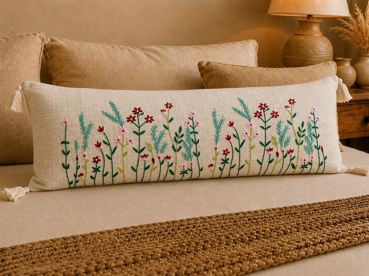 Ivory boho lumbar cushion with fine embroidered wildflower stems on sofa with tassels
