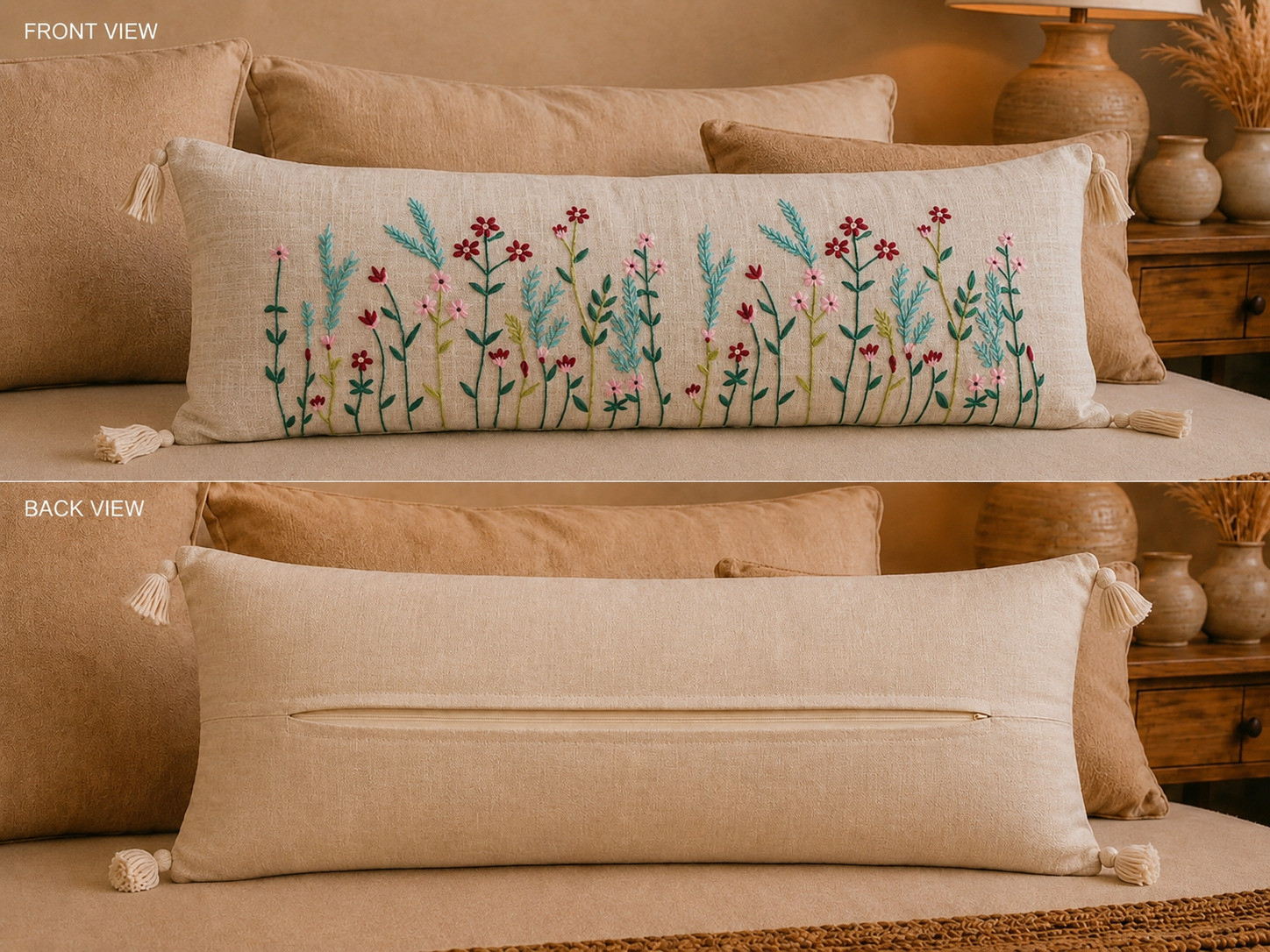 wildflower embroidered lumbar cushion cover front view floral stems and back view hidden zipper