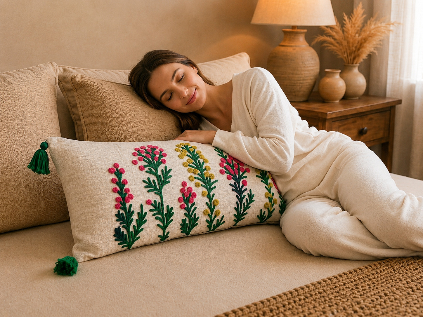 Woman resting on ivory lumbar cushion with embroidered berry sprig botanical design on sofa