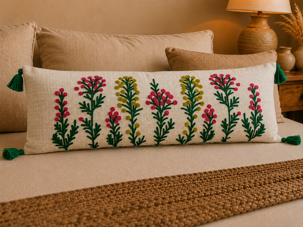 Image of Embroidered Berry Sprig Lumbar Cushion Cover 14x36 (Ivory)