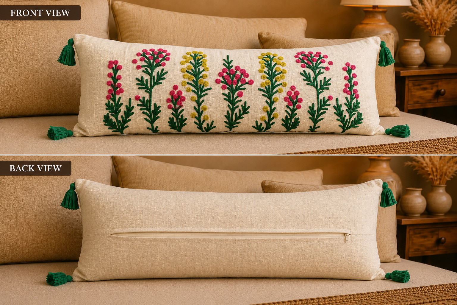 berry sprig embroidered lumbar cushion cover front view botanical design and back view hidden zipper