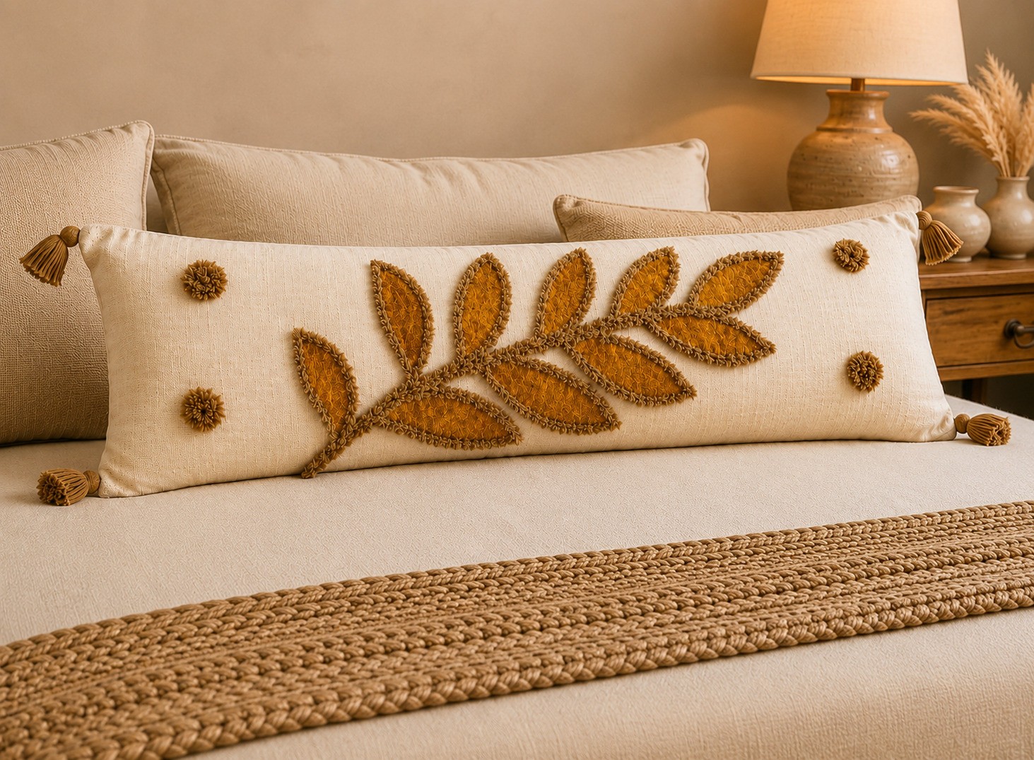 Golden leaf embroidered tufted lumbar cushion cover with pom-poms and tassels